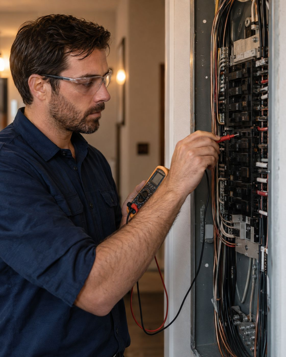 Electrician testing a breaker panel with a multimeter