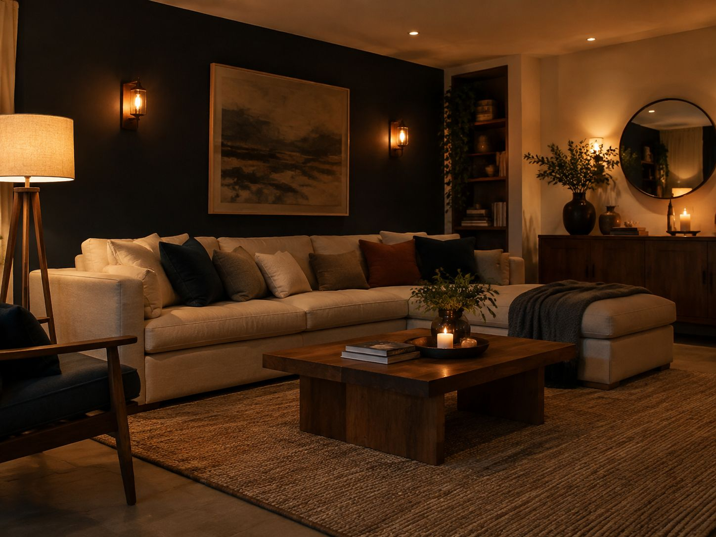 Living room with warm sconces and floor lamp