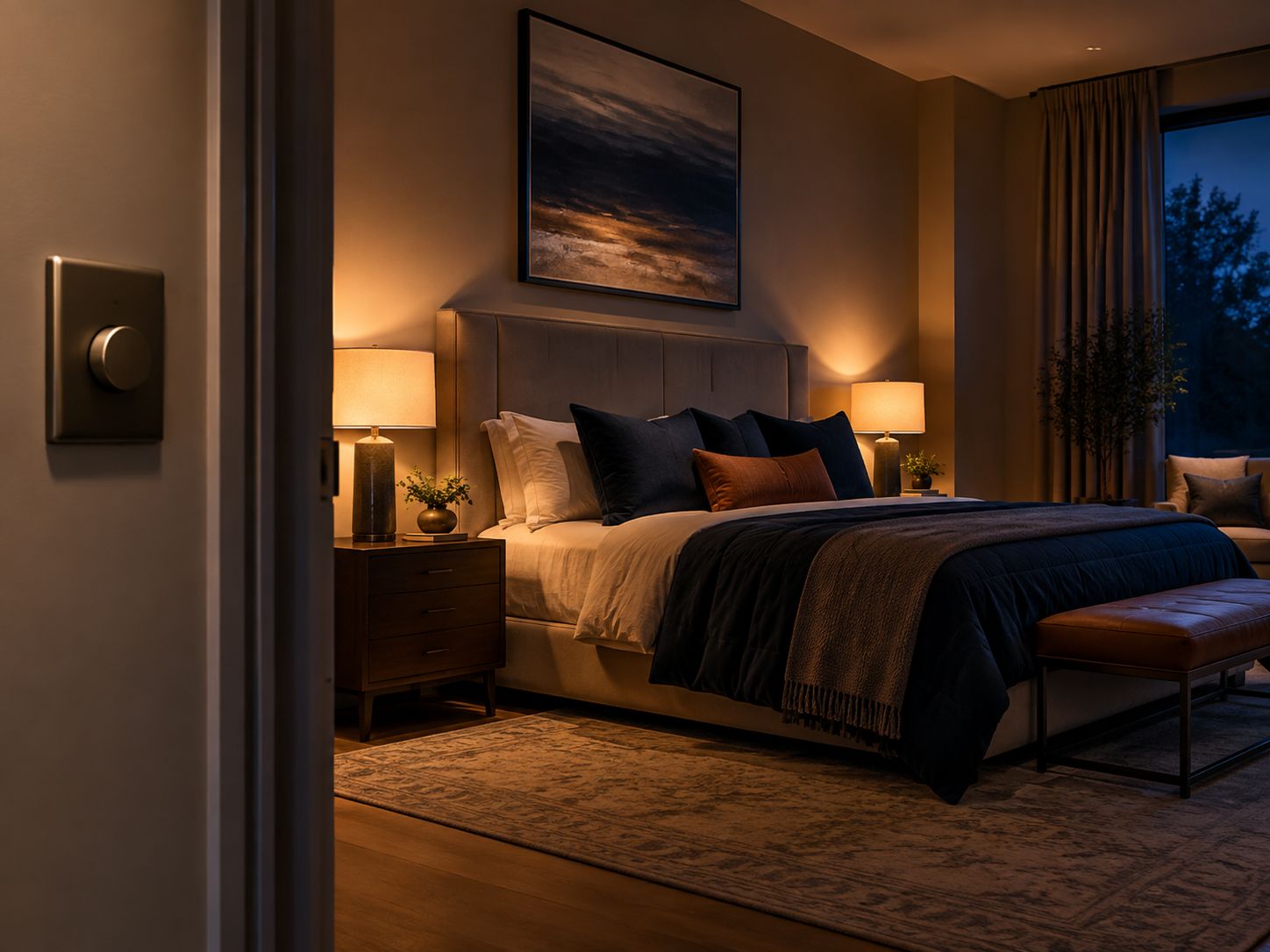 Bedroom with dimmer switch and bedside lamps