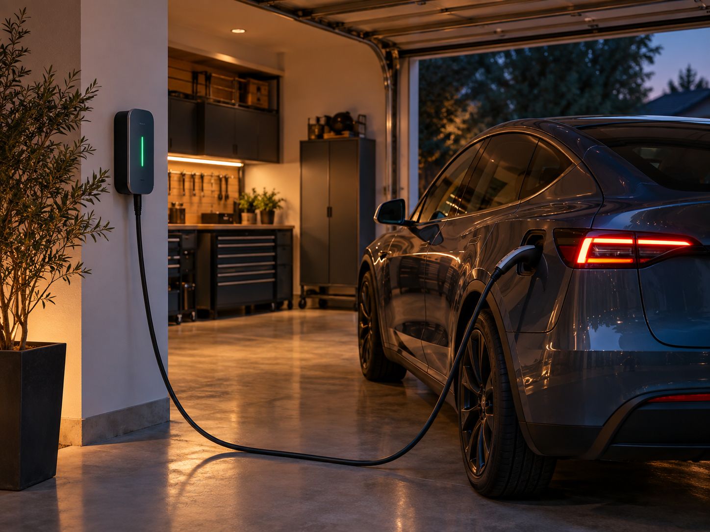 Garage with wall-mounted EV charger