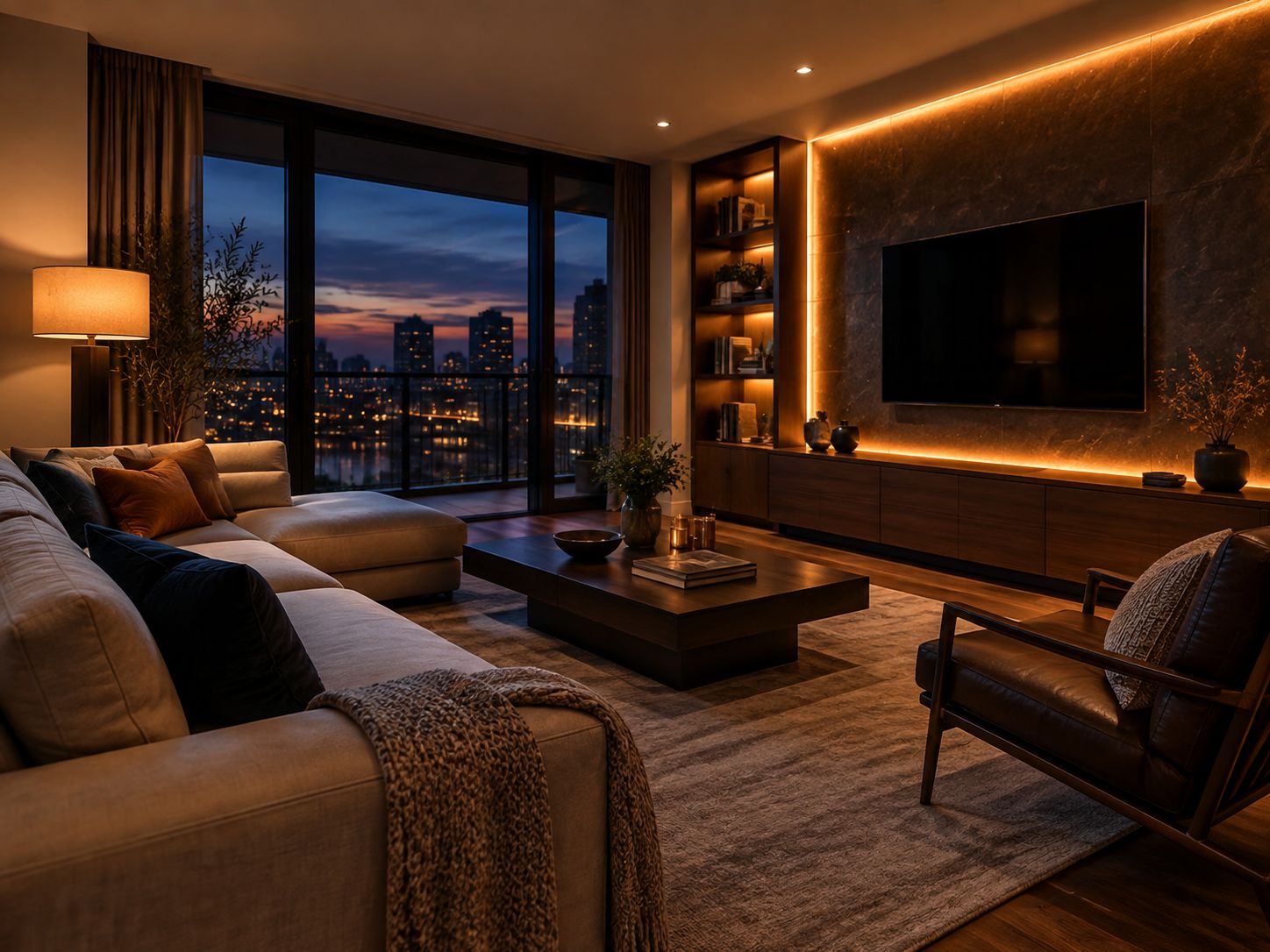Living room with layered warm lighting
