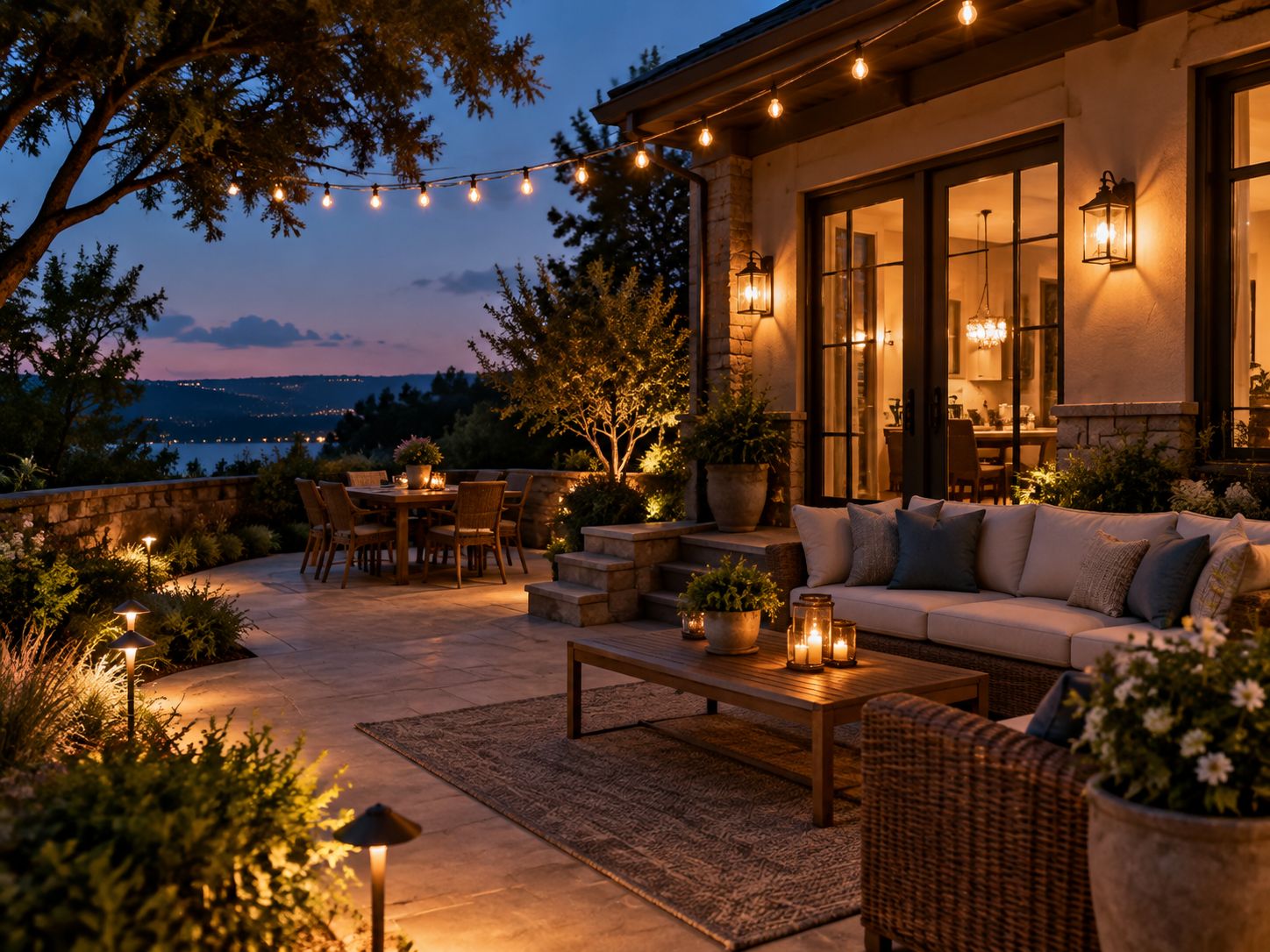 Patio with string lights and path lighting