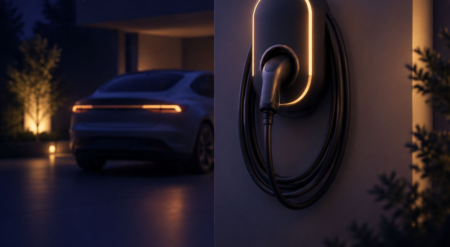 Wall-mounted EV charger with cable and car in the background