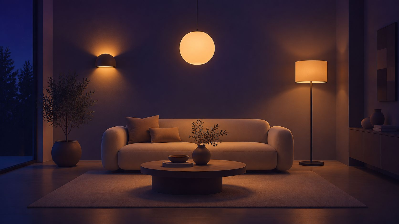 Living room with pendant, wall and floor lamps lit warm