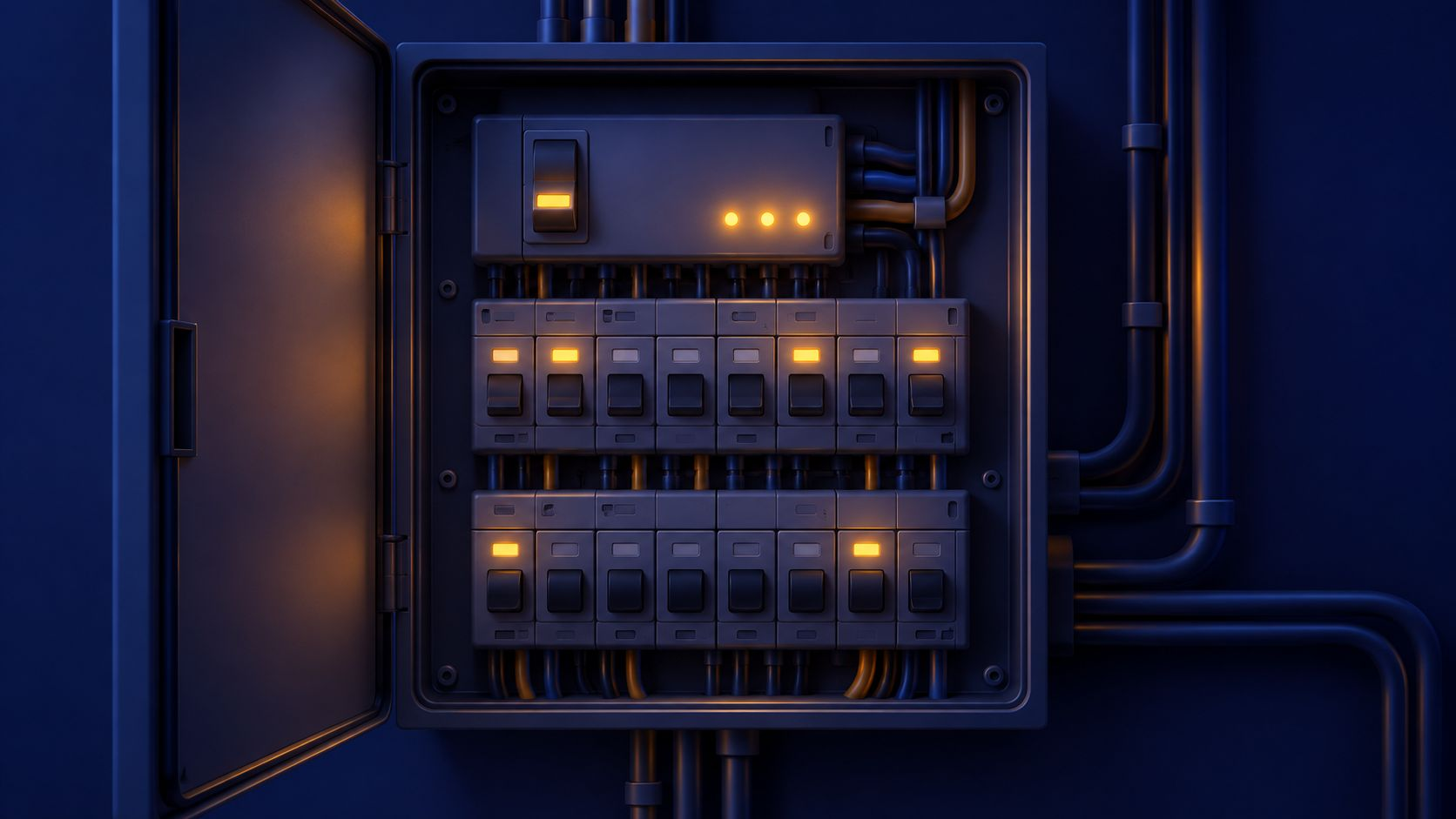 Open electrical panel with lit breakers and conduit